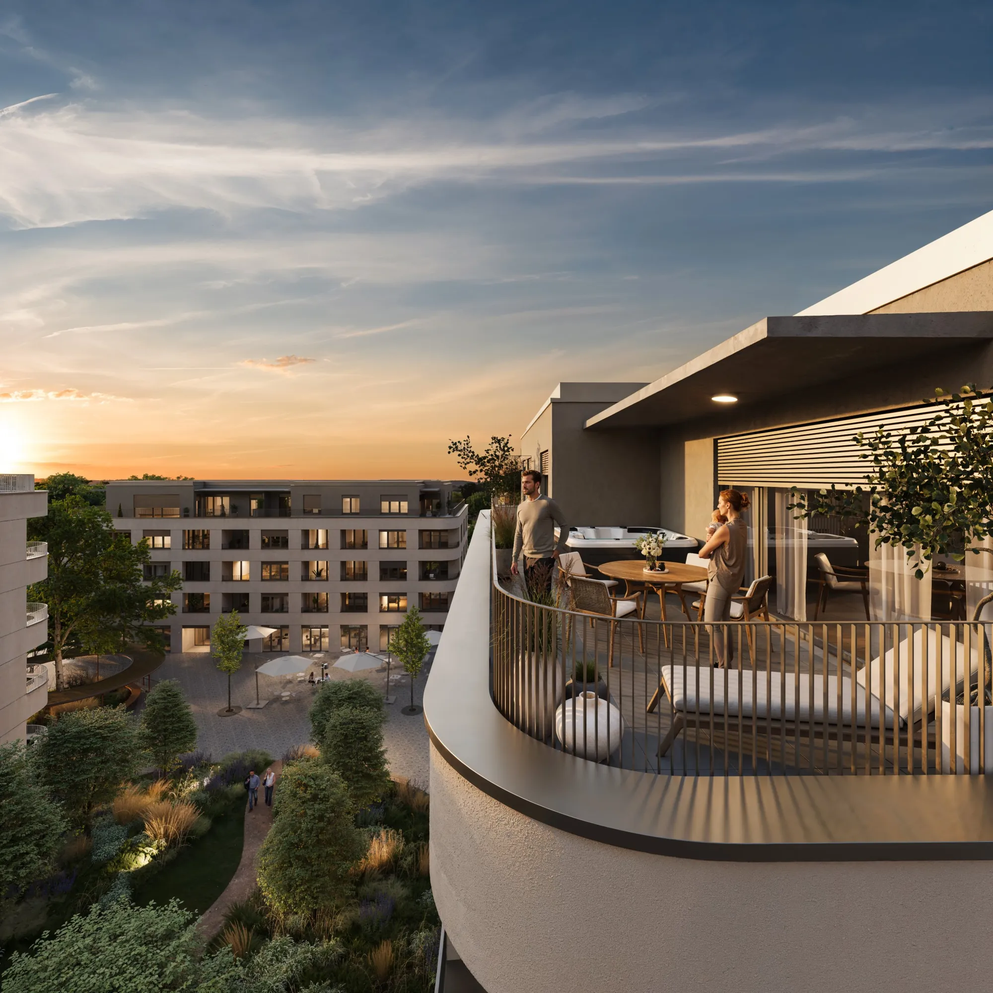 Strešná terasa penthousu s vírivkou a posedením pri západe slnka (vizualizácia)